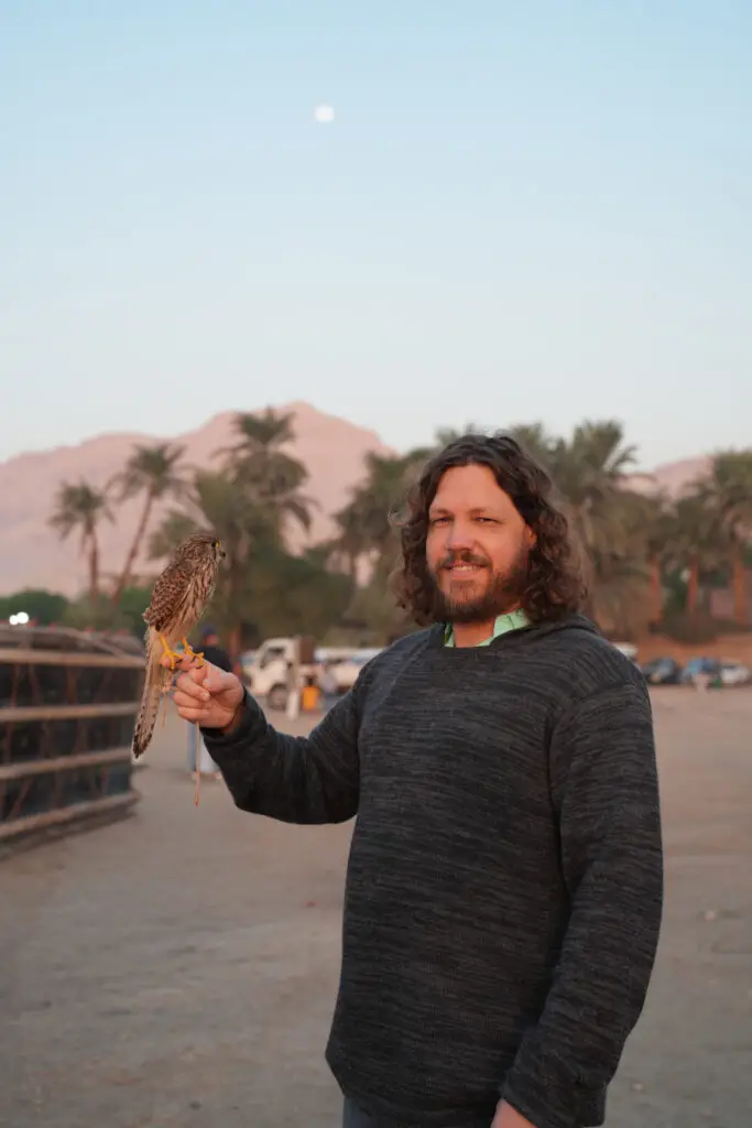 1:1 Coaching Jeffrey Thogmartin Luxor Egypt with a Hawk Preparing for a Hot Air Balloon ride